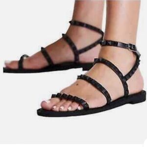 NEW Steve Madden Transport Spike Ankle Wrap Sandal Matte Black Women's‎ Sz 10